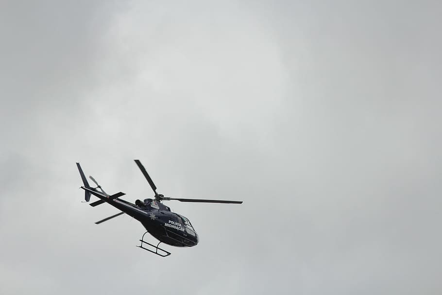 black helicopter on air, flying helicopter, cloudly, sky, air vehicle HD wallpaper