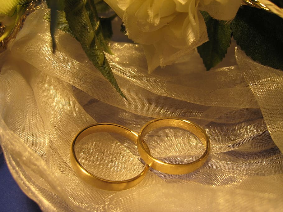 two gold-colored rings on white textile, wedding, love, together HD wallpaper