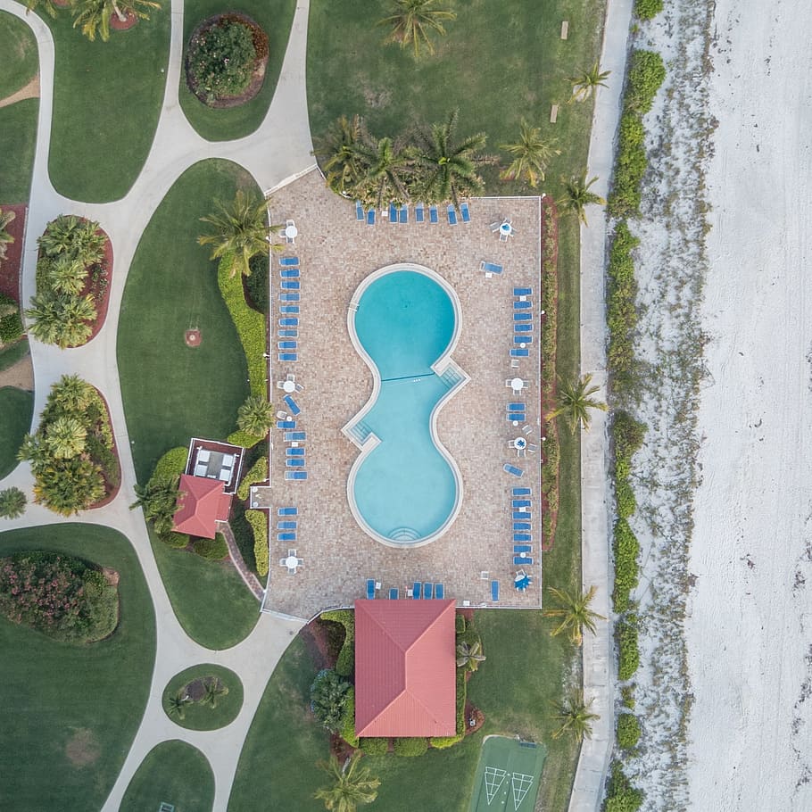 garden, trees, house, architecture, design, drone, swimming pool HD wallpaper