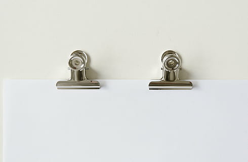 two grey clips on paper, black, white, blank, office, supply HD wallpaper