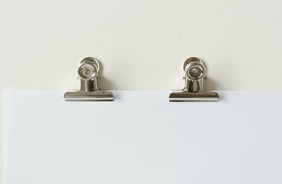 two grey clips on paper, black, white, blank, office, supply HD wallpaper