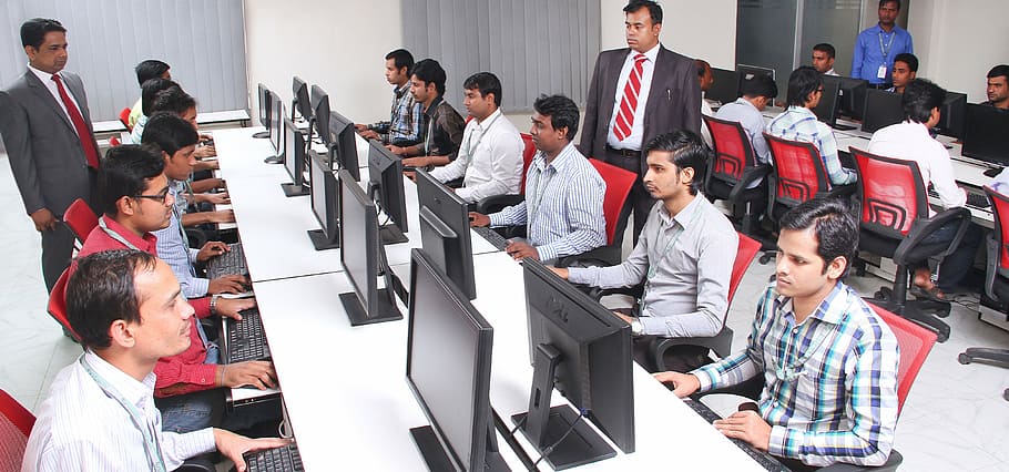 group of men sitting in front of table facing monitors, office HD wallpaper