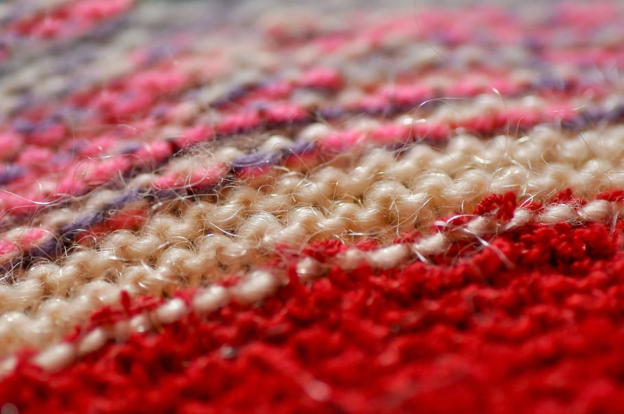 close-up red, pink, and beige knitted textile, knitting, wool HD wallpaper