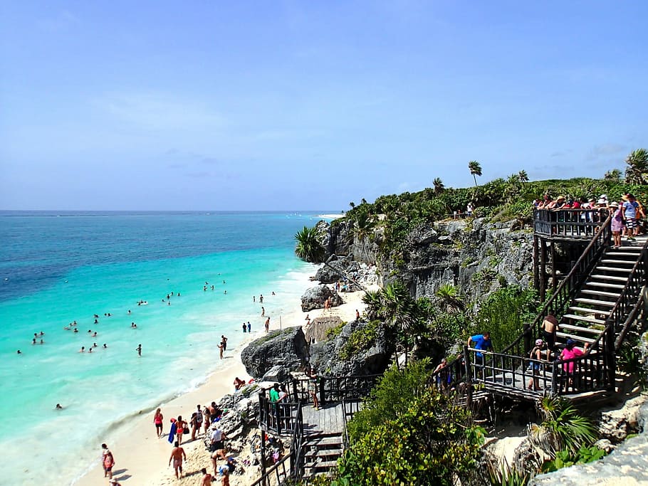 aerial photography of people on beach, Tulum, Mexico, Mexico, Beach HD wallpaper