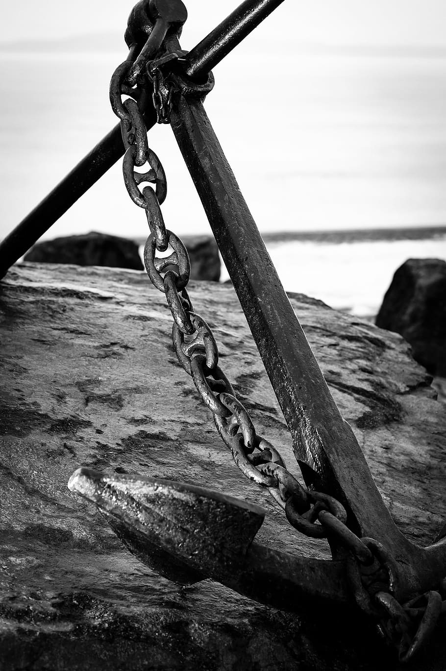 HD wallpaper: anchor, stone, rock, chain, bw, huge, metal, water, no people  | Wallpaper Flare