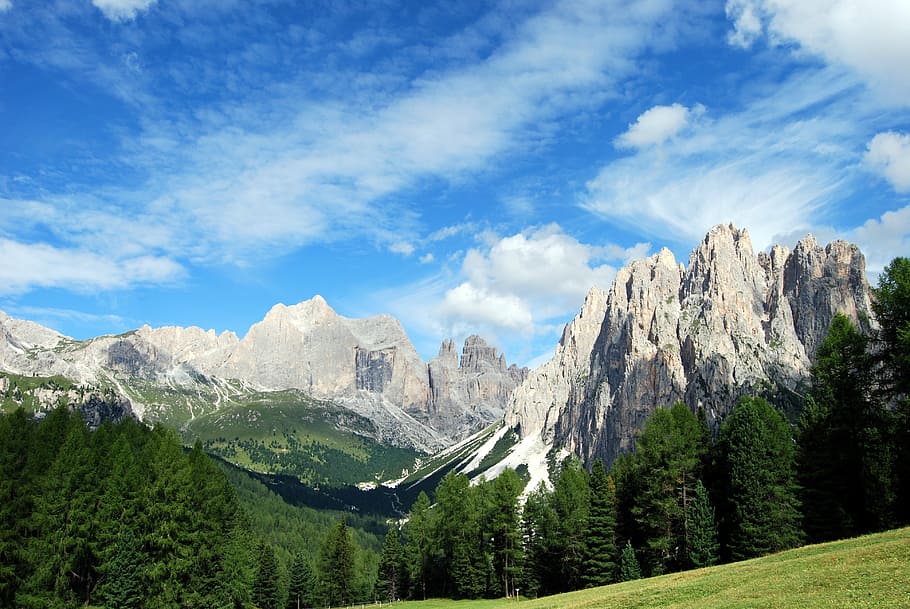 dolomites, mountain, trees, landscape, rock, sky, clouds, green HD wallpaper