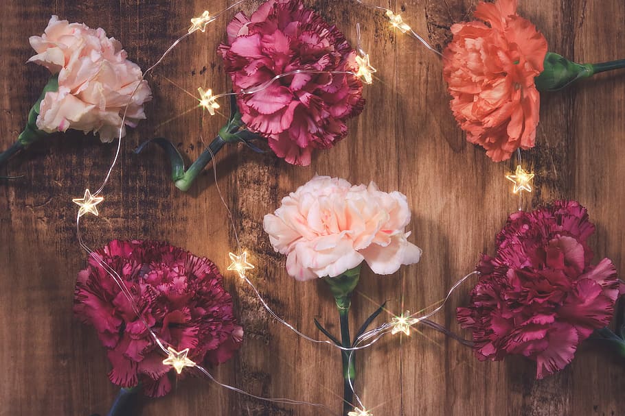 assorted flower on brown board with string lights, bouquet, wood - Material HD wallpaper