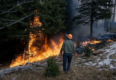 man standing near forest fire during daytime, wildfire, flames HD wallpaper