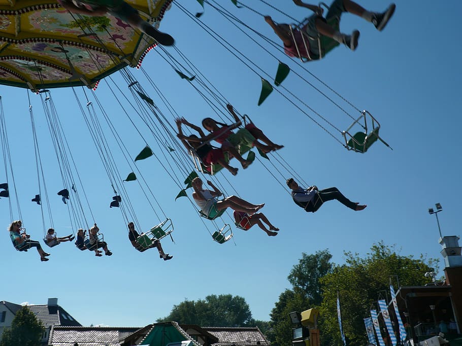 chain carousel, exit, year market, low angle view, amusement park HD wallpaper