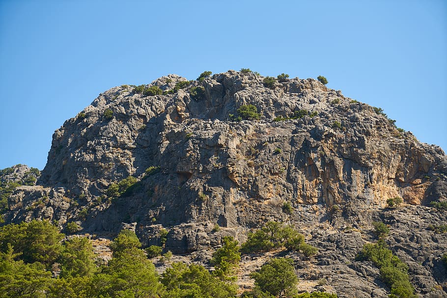 rocky, sky, stone, nature, blue, mountains, plant, trees, taylor HD wallpaper