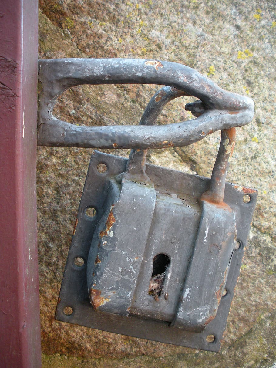 Padlock, Old, Rust, Century, large, 1700, gate, gray, brown