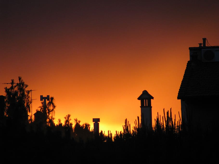 sky, sunset, twilight, silhouettes, cityscape, house, orange HD wallpaper