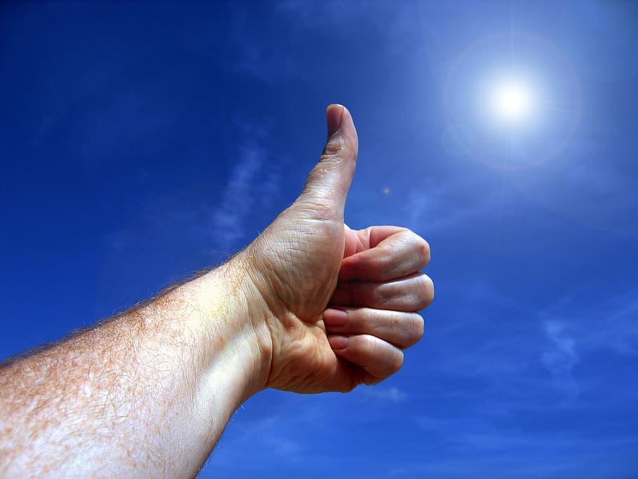 thumbs up during daytime, qualification, hand, high, great HD wallpaper