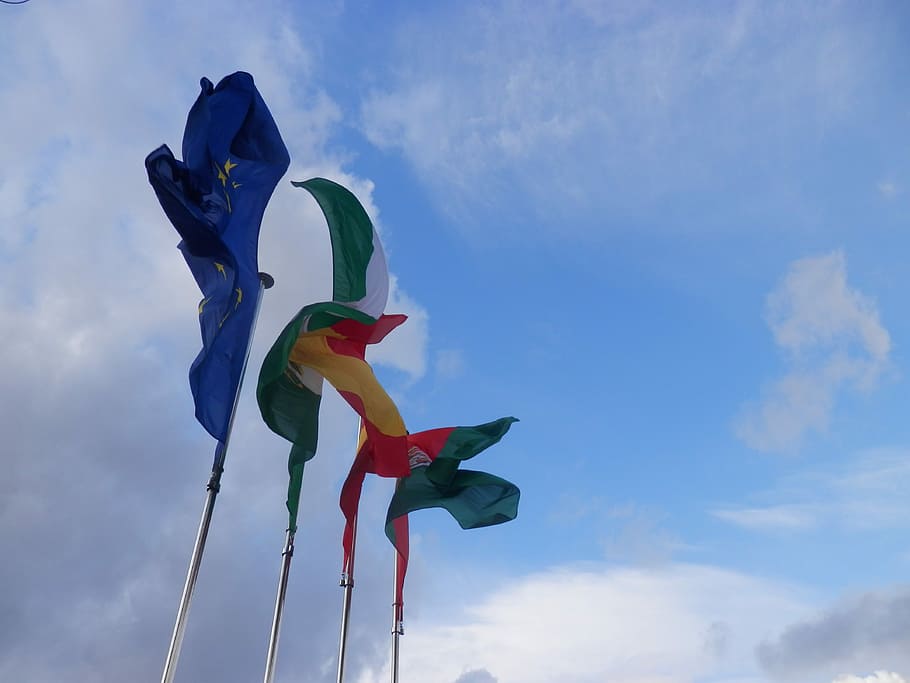 Flags, Spain, Europe, Wave, Andalusia, nationality, sky, clouds HD wallpaper