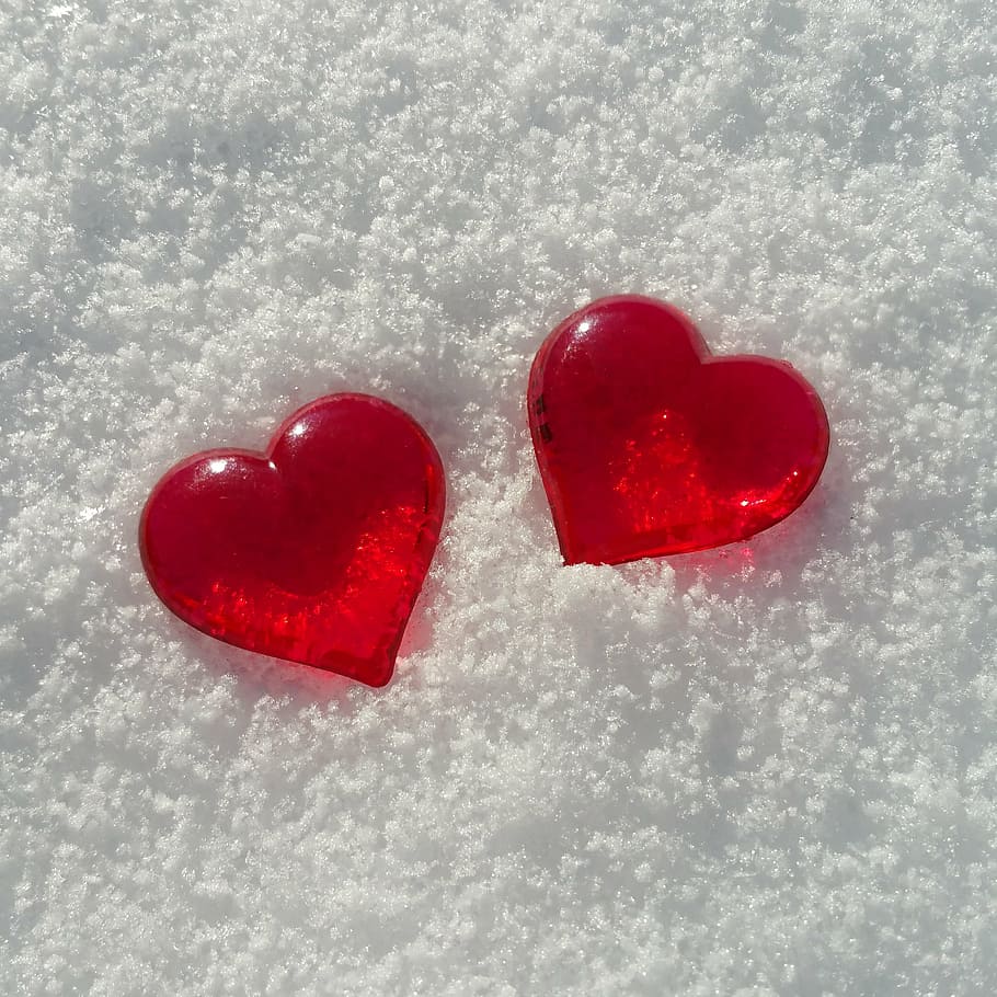 two red heart decors, valentine's day, snow, love, background image, HD wallpaper