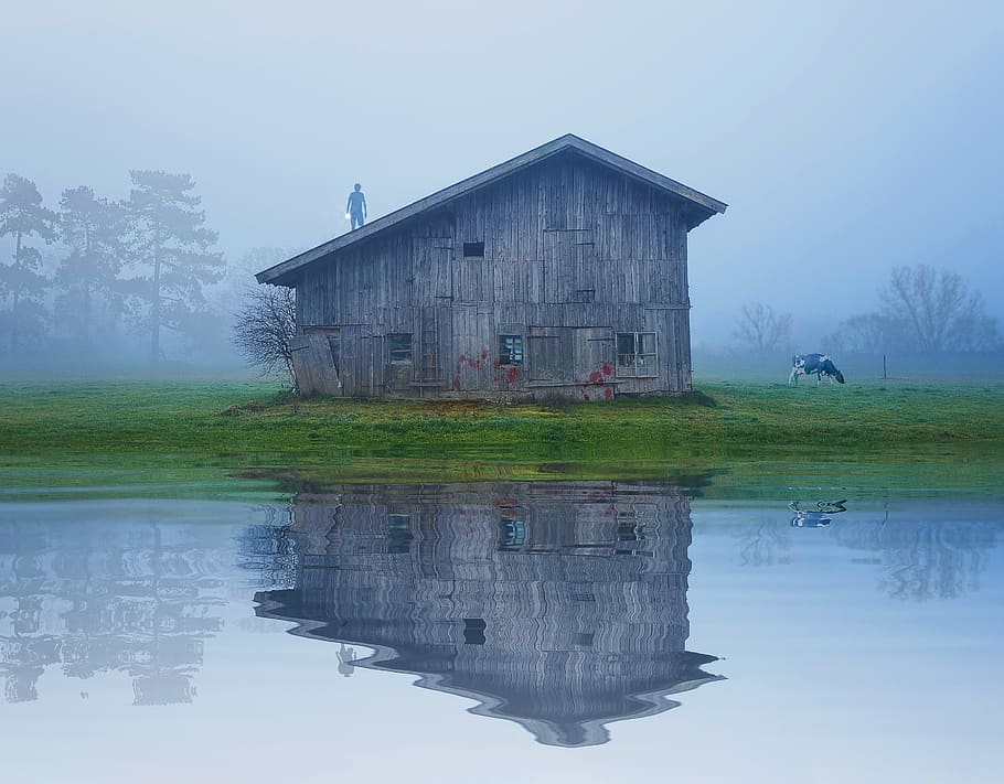water, house, barn, outdoors, nature, lake, architecture, wood