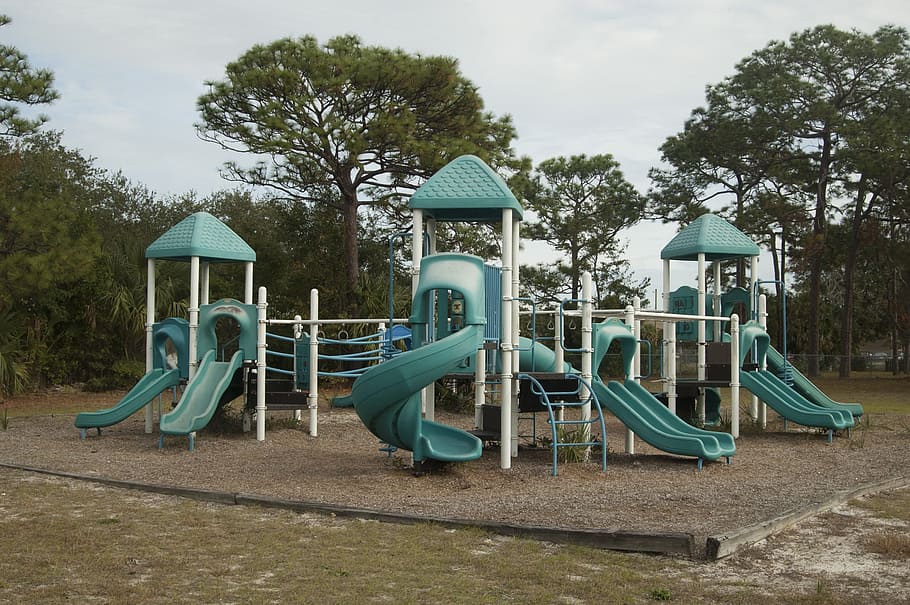 playground, slides, park, outdoors, empty, plant, tree, outdoor play equipment, HD wallpaper