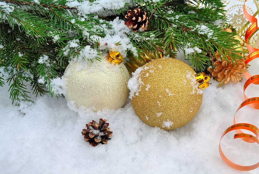 two Christmas bauble surrounding with snow, background, balls HD wallpaper