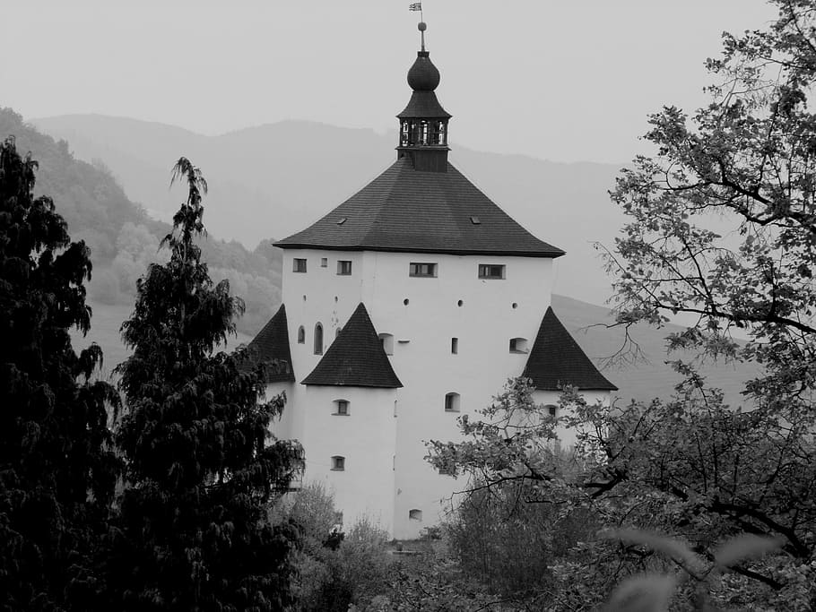 Castle, Tree, Hill, Landscape, b w photography, slovakia, no people HD wallpaper