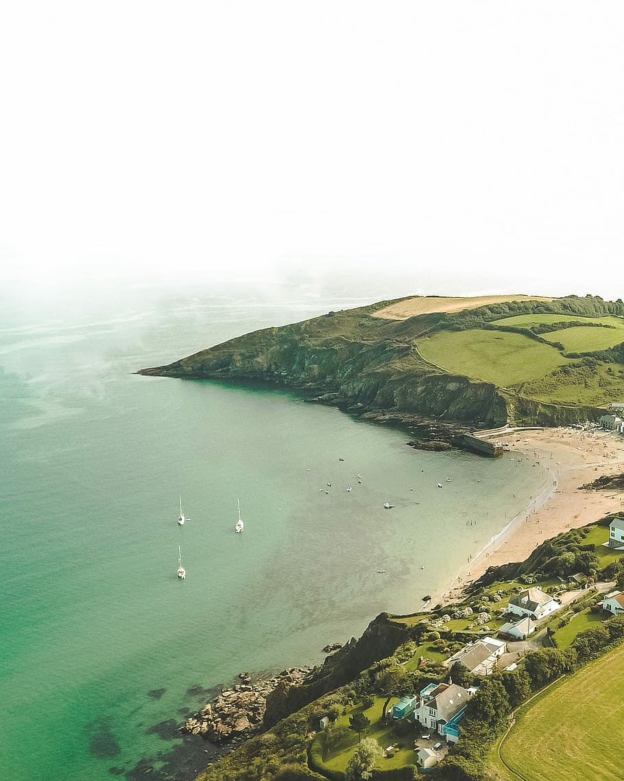 Gorran Haven Up high, aerial photography of body of water, cornwall HD wallpaper