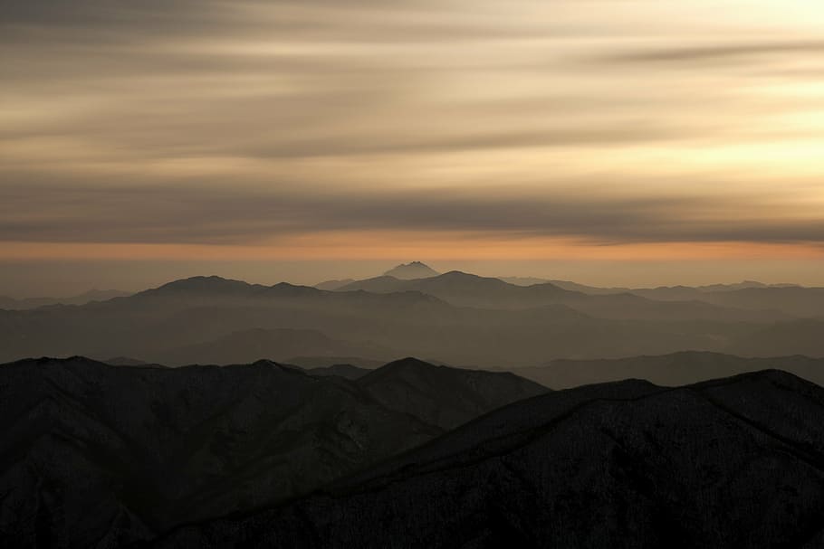silhouette photo of mountains during golden hour, landscape HD wallpaper