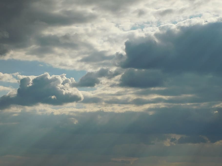 sky, clouds, sun, sunbeam, blue, white, hell, dark, blue sky HD wallpaper