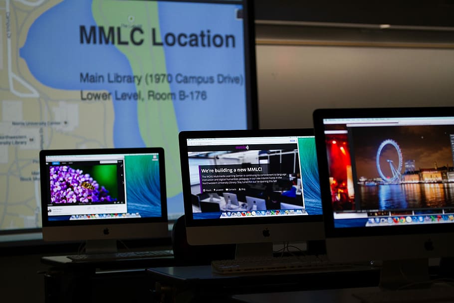 three turned-on iMac's on desk, Technology, Library, University HD wallpaper