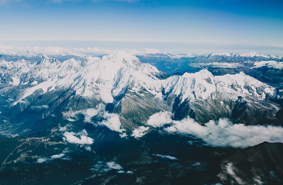 mountains, peaks, summit, snow, cliffs, landscape, clouds, blue HD wallpaper