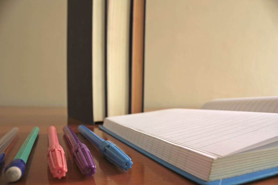 colorful, pen, writing, notebook, school, paper, desk, table HD wallpaper