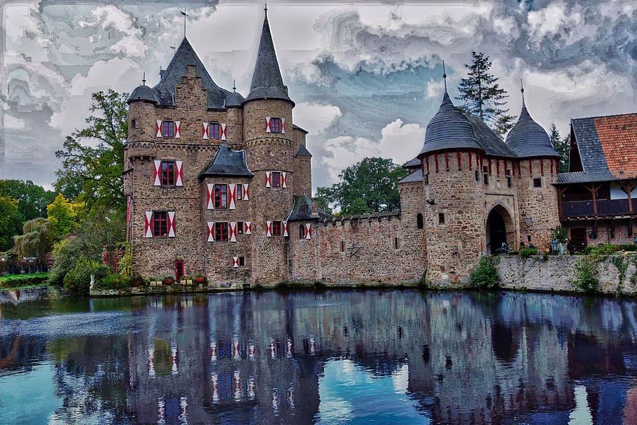 Concrete Castle Beside Body Of Water, architecture, building HD wallpaper