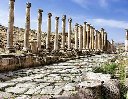 brown concrete pillars, Jerash, Jordan, Ruins, Ancient, architecture HD wallpaper