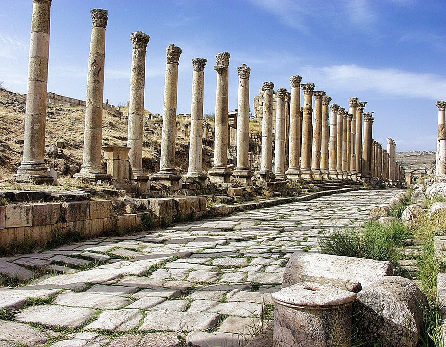 brown concrete pillars, Jerash, Jordan, Ruins, Ancient, architecture