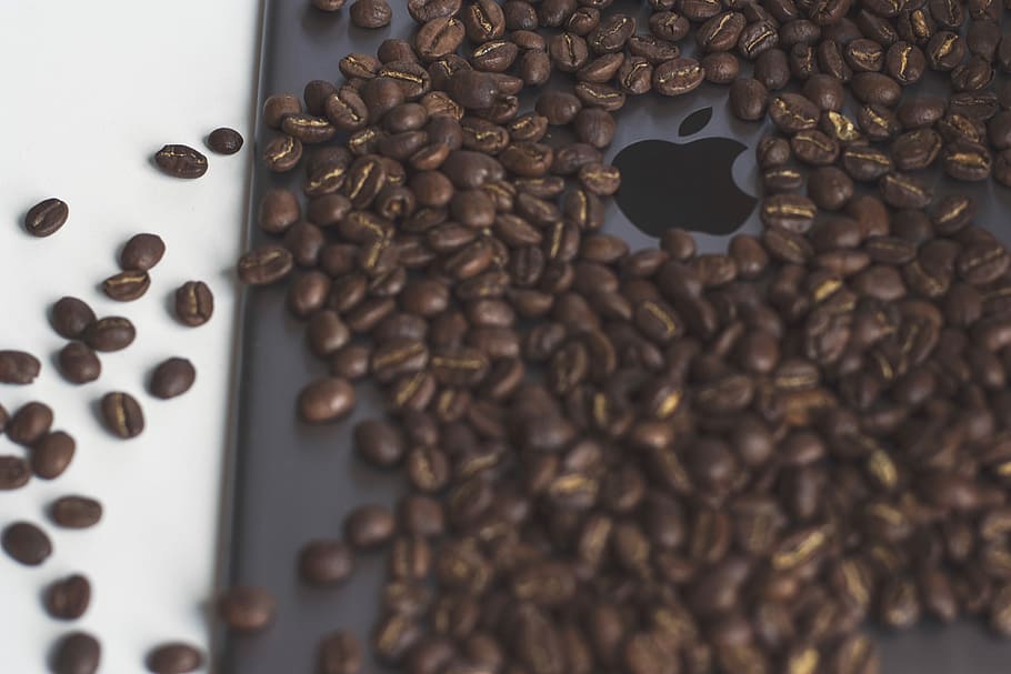 Coffee beans and ipad, apple, brown, computer, roasted, caffeine, HD wallpaper