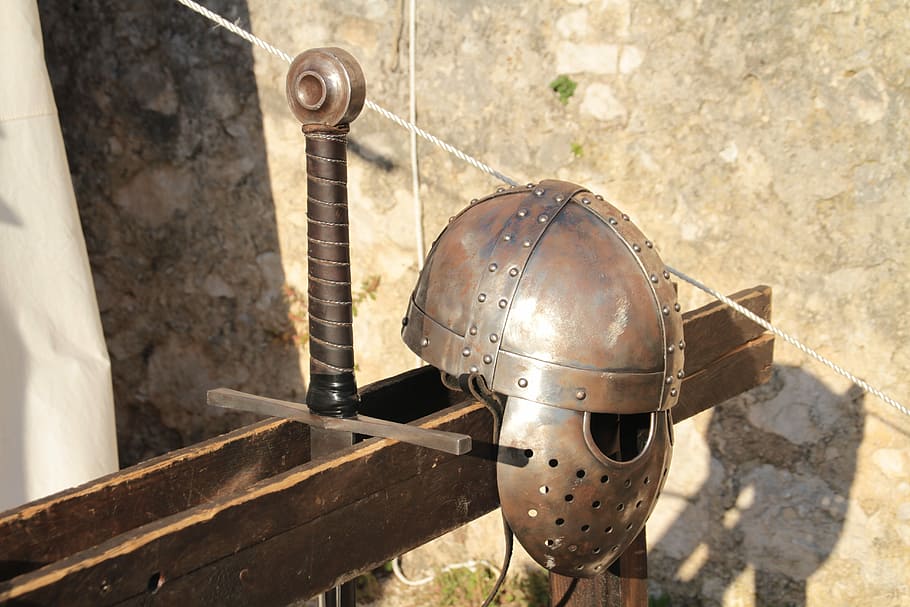 medieval fair, wariror, sword, helmet, headwear, protection HD wallpaper