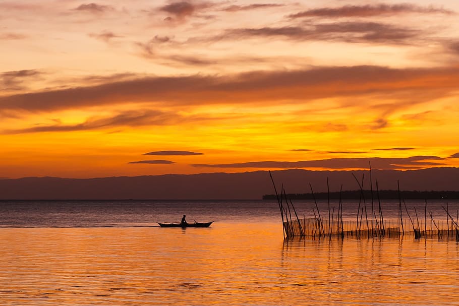 person riding boat on body of water, sunset, dusk, evening HD wallpaper