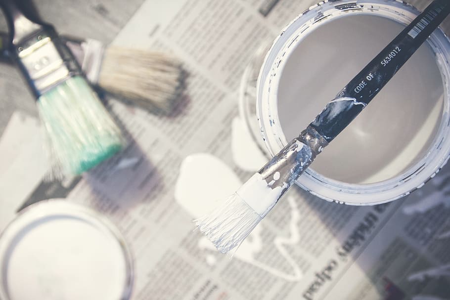 brush on white pain bucket, paint, brushes, paint can, interior decorating, HD wallpaper
