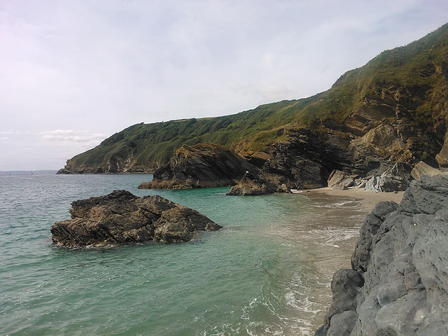 lantic bay, cornwall, beach, rock, water, ocean, waves, hills HD wallpaper