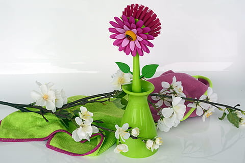 clean, spring putz, crockery brush, flowers, pink, green, dishcloth HD wallpaper