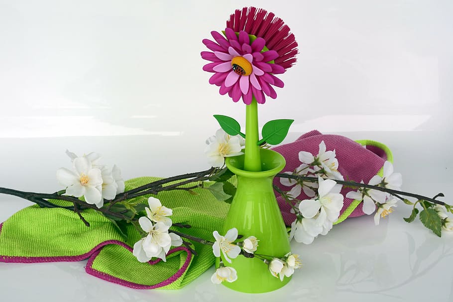 clean, spring putz, crockery brush, flowers, pink, green, dishcloth HD wallpaper