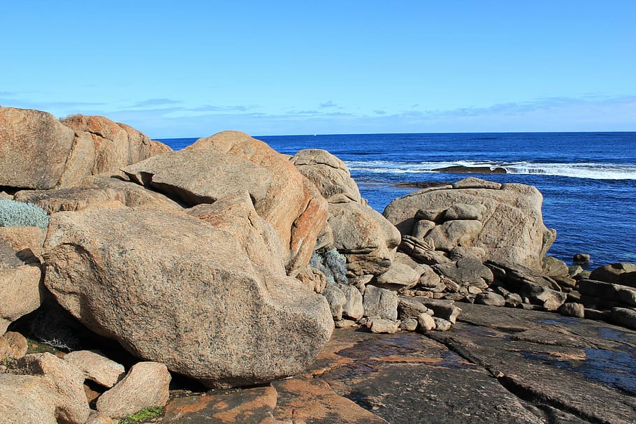 rocks, beach, sea, ocean, landscape, blue, sky, coast, shore HD wallpaper
