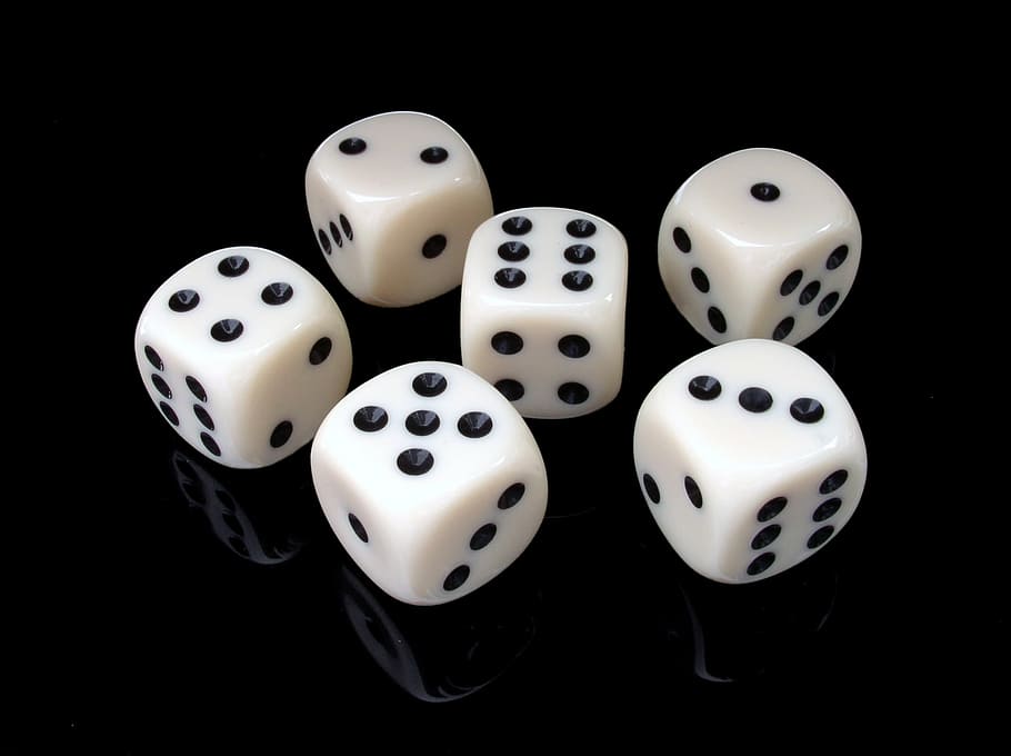 six white dice, cube, gambling, play, lucky dice, instantaneous speed, HD wallpaper