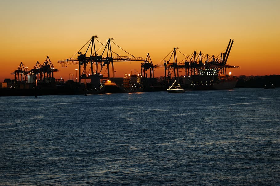 container port, container ship, elbe, hamburg, sunlight, freight transportation HD wallpaper