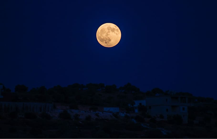 moon in syria, silhouette of houses under full-moon, sky, horizon HD wallpaper