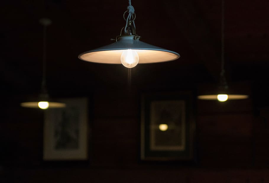 white pendant lamp, dark, room, blur, light, bulb, illuminated