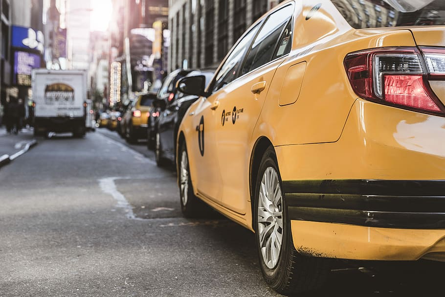 yellow sedan on grey tap road, urban, objects, lazy, traffic HD wallpaper