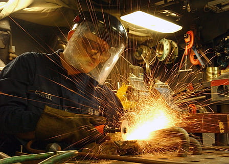 man wearing white welding helmet while welding pipe, construction HD wallpaper