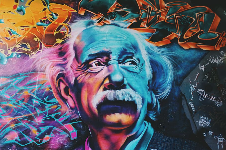 multicolored illustration of Albert Einstein wall decor, Albert Einstein graffiti art