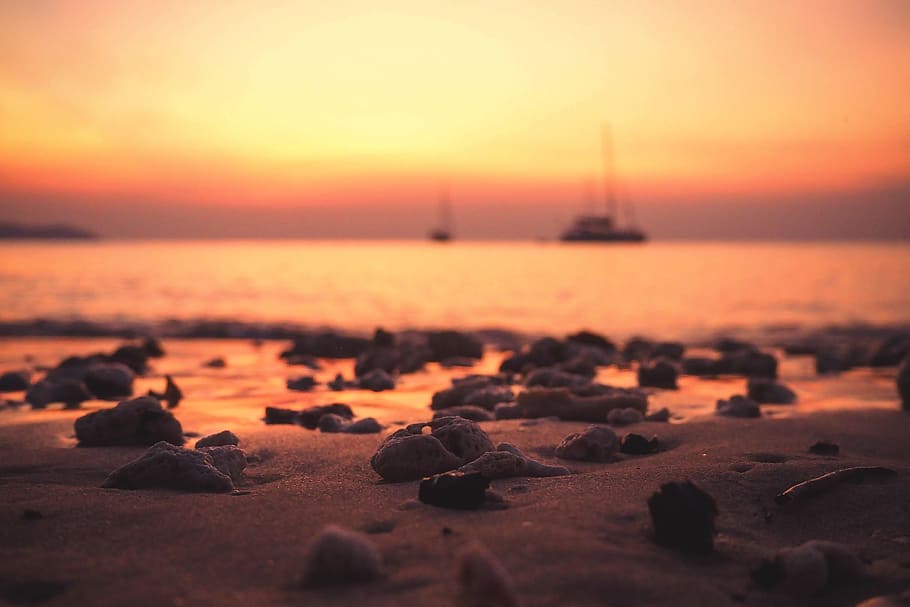 sea, dawn, landscape, nature, beach, blur, boat, coast, coastal HD wallpaper