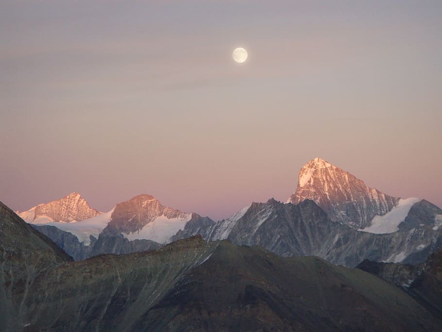 mountain covered with ice, moon, full, full moon, nature, lights HD wallpaper
