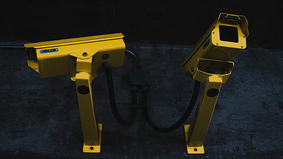 two turned off surveillance camera on high wall, two white CCTV cameras HD wallpaper